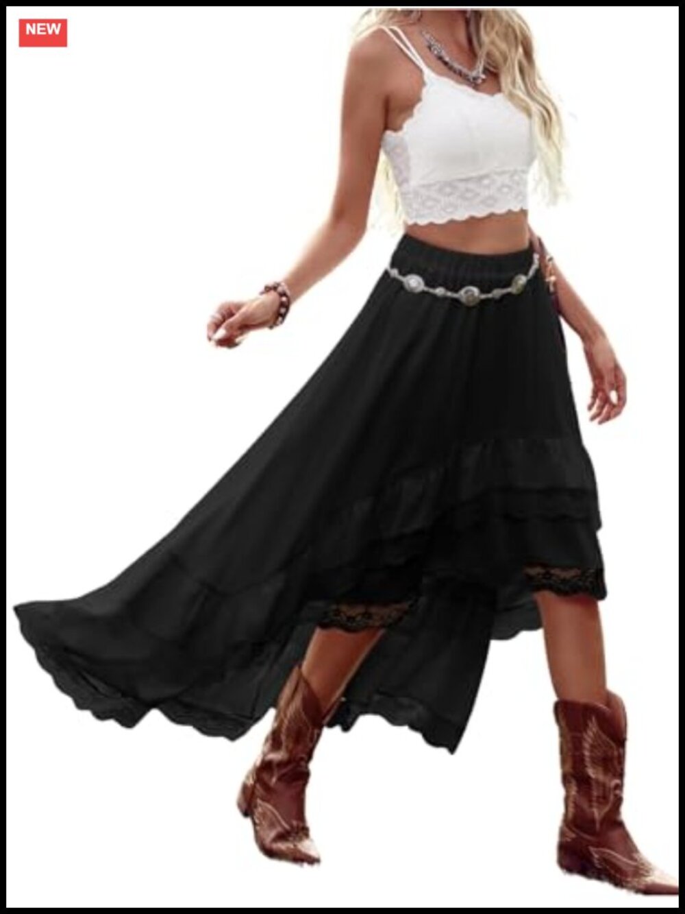 Women's Boho Asymmetrical Ruffle Lace Maxi Skirt High Low Cowgirl - Picture 1 of 5